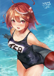 Rule 34 | 1girl, 2018, :d, ahoge, bare shoulders, breasts, cleavage, collarbone, dated, hair ornament, holding, holding torpedo, i-58 (kancolle), kantai collection, looking at viewer, medium breasts, one-piece swimsuit, open mouth, pink hair, red eyes, school swimsuit, short hair, signature, smile, solo, swimsuit, toka (marchlizard), torpedo, type 95 torpedo