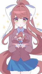 1girl blush bow brown_hair chibi doki_doki_literature_club dual_persona green_eyes hair_bow hair_ribbon highres kotohatoko510 long_hair long_sleeves monika_(doki_doki_literature_club) ponytail ribbon school_uniform shirt sidelocks skirt solo very_long_hair white_bow white_ribbon