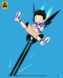 Rule 34 | 1boy, blue background, brown shorts, child, clothes lift, falling, floating hair, holding strap, jetpack, lightning, looking down, male focus, mechanical wings, midair, midriff peek, navel, noeyebrow (mauve), open mouth, original, purple shirt, science fiction, shirt, shirt lift, shoelaces, shoes, shorts, simple background, sneakers, solo, spread legs, tears, thrusters, wide spread legs, wings