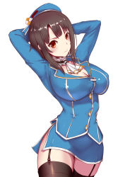 Rule 34 | 10s, 1girl, arms behind head, arms up, ascot, beret, black thighhighs, blue hat, blue jacket, blue skirt, blunt bangs, breasts, brown hair, buttons, cleavage, closed mouth, collar, covered erect nipples, detached collar, frilled collar, frilled shirt collar, frills, garter straps, hat, head tilt, highres, jacket, kantai collection, large breasts, liu lan, long sleeves, looking at viewer, military, military uniform, red eyes, short hair, side slit, sidelocks, skirt, solo, takao (kancolle), thighhighs, thighs, uniform, zettai ryouiki