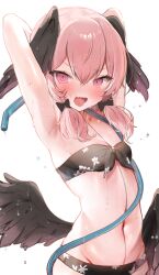Rule 34 | 1girl, absurdres, armpits, arms behind head, bikini, black bikini, black bow, black wings, blue archive, blush, bow, breasts, floral print, front-tie bikini top, front-tie top, hair between eyes, hair bow, head wings, highres, hose, koharu (blue archive), koharu (swimsuit) (blue archive), looking at viewer, low wings, maru ccy, navel, official alternate costume, open mouth, pink eyes, pink hair, print bikini, simple background, small breasts, solo, swimsuit, wet, wet hair, white background, wings