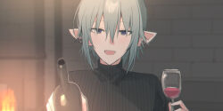 Rule 34 | 1boy, :d, alcohol, black sweater, blue eyes, blush, boots, bottle, brick wall, chihuri, cup, drinking glass, ear piercing, final fantasy, final fantasy xiv, fire, fireplace, grey hair, hair between eyes, haurchefant greystone, highres, holding, holding boots, holding clothes, holding cup, holding footwear, indoors, looking at viewer, male focus, open mouth, piercing, pointy ears, ribbed sweater, smile, solo, sweater, turtleneck, turtleneck sweater, upper body, wine, wine bottle, wine glass