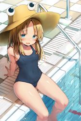 Rule 34 | 1girl, absurdres, arm support, bare arms, bare legs, bare shoulders, blue eyes, blue one-piece swimsuit, breasts, brown hat, commentary request, covered navel, from above, hat, highres, huge filesize, long hair, looking at viewer, mamemochi, moriya suwako, old school swimsuit, one-piece swimsuit, open mouth, pool, poolside, school swimsuit, sidelocks, sitting, small breasts, smile, soaking feet, solo, swimsuit, touhou, water