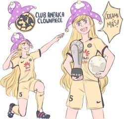 Rule 34 | 1girl, :d, ball, blonde hair, clothes writing, clownpiece, club america, coca-cola, grin, hat, huawei, jester cap, long hair, mefomefo, moon, nike (company), open mouth, purple eyes, smile, soccer uniform, spanish text, sportswear, touhou, very long hair