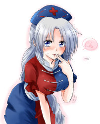 Rule 34 | 1girl, blue eyes, blush, braid, breasts, cross, finger to mouth, gradient background, hat, leaning forward, looking at viewer, silver hair, solo, touhou, unya, white background, yagokoro eirin