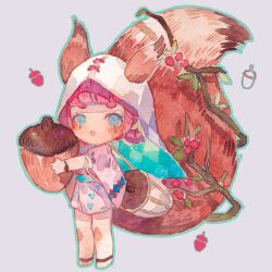 Rule 34 | 1girl, animal ears, aqua outline, argyle clothes, argyle veil, bag, berry, blue eyes, blue veil, blunt bangs, blunt ends, blush, branch, chibi, eyelashes, floral print, grey background, highres, holding acorn, japanese clothes, kimono, large tail, long sleeves, looking at viewer, marking on cheek, obi, onmyoji, open mouth, original, oversized object, pink hair, pink kimono, pink sleeves, sash, short hair, short kimono, shoulder bag, simple background, sleeves past elbows, solo, squirrel ears, squirrel tail, tail, two-sided veil, watch, white bag, white veil, wide sleeves, wristwatch, yanmian (printemps-noir)