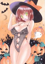 Rule 34 | 1girl, acrylic paint (medium), arm behind back, bad id, bad pixiv id, bat (animal), breasts, brown hair, candy, clothing cutout, collarbone, covered erect nipples, floral print, food, ghost, green eyes, groin, hair between eyes, halloween, hat, holding, holding clothes, holding hat, jack-o&#039;-lantern, large breasts, lollipop, navel, navel cutout, original, painting (medium), pom77, pumpkin, short hair, sideboob, solo, swirl lollipop, thighs, traditional media, witch hat