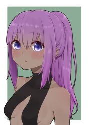 Rule 34 | 1girl, alternate hair length, alternate hairstyle, bare shoulders, black bodysuit, blush, bodysuit, breasts, collarbone, covered collarbone, dark-skinned female, dark skin, fate/prototype, fate/prototype: fragments of blue and silver, fate (series), green background, hair between eyes, hassan of serenity (fate), highres, i.u.y, long hair, looking at viewer, parted lips, ponytail, purple eyes, purple hair, sidelocks, small breasts, solo, two-tone background, white background