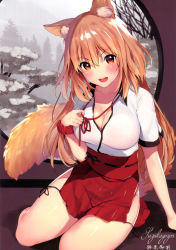 Rule 34 | &gt;:d, 1girl, :d, absurdres, animal ear fluff, animal ears, arm support, blush, breasts, brown eyes, brown hair, character name, cleavage, fate/extra, fate/extra ccc, fate/extra ccc fox tail, fate/grand order, fate (series), fox ears, fox tail, highres, hip vent, indoors, large breasts, long hair, looking at viewer, mataro (matarou), obi, open mouth, pleated skirt, sash, scan, scrunchie, side-tie skirt, sitting, skirt, smile, solo, suzuka gozen (fate), tail, v-shaped eyebrows, wrist scrunchie