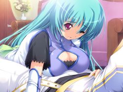Rule 34 | blue hair, breasts, cleavage, detached, girl on top, green hair, large breasts, otome renshin prister, red eyes