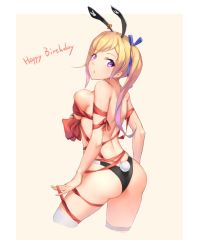 Rule 34 | 10s, 1girl, :o, animal ears, animal print, ass, back, beige background, black panties, blonde hair, blue ribbon, breasts, chestnut mouth, cowboy shot, ear ornament, english text, female focus, from behind, gradient hair, hair ribbon, happy birthday, highres, juesnow, kawakami mai, large breasts, long hair, looking at viewer, looking back, mole, mole under eye, multicolored hair, musaigen no phantom world, naked ribbon, panties, purple eyes, purple hair, rabbit ears, rabbit print, rabbit tail, red ribbon, ribbon, side ponytail, sideboob, simple background, sketch, solo, swept bangs, tail, thighhighs, underwear, white thighhighs