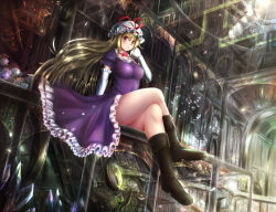 Rule 34 | 1girl, arch, architecture, blonde hair, boots, breasts, building, choker, clock, crossed legs, crystal, dress, elbow gloves, flower, frilled dress, frills, gloves, hand in own hair, hat, hat ribbon, indoors, large breasts, legs, light, light rays, long hair, looking at viewer, mob cap, pink eyes, puffy short sleeves, puffy sleeves, purple dress, ribbon, rose, satoji (ochanomkmskry), short sleeves, sitting, smile, solo, sun, sunbeam, sunlight, taut clothes, taut dress, thick thighs, thighs, touhou, wind, yakumo yukari