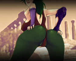 Rule 34 | 1girl, ass, ass grab, bare shoulders, breasts, green hair, lips, lipstick, looking back, ophiuchus shaina, rennes, saint seiya, solo, spread legs