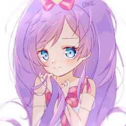 Rule 34 | 10s, 1girl, artist name, blue eyes, blush, bow, cake (isiofb), closed mouth, collarbone, commentary request, dress, hair bow, hands up, highres, holding, holding hair, idol time pripara, manaka laala, pretty series, pripara, purple hair, red bow, sleeveless, sleeveless dress, smile, solo, upper body, white background, white dress