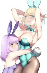 Rule 34 | 2girls, absurdres, aizawa ema, animal ears, armpits, arms behind head, bare shoulders, blonde hair, blue eyes, bow, bowtie, breasts, brown pantyhose, covered navel, detached collar, fake animal ears, glasses, gradient hair, green bow, green bowtie, green hair, green leotard, height difference, highleg, highleg leotard, highres, hug, kairi (miry666), large breasts, leotard, long hair, looking at viewer, multicolored hair, multiple girls, open mouth, pantyhose, playboy bunny, purple hair, purple leotard, rabbit ears, rabbit tail, shinomiya runa, short hair, simple background, small breasts, strapless, strapless leotard, tail, tail grab, traditional bowtie, virtual youtuber, vspo!, white background, wing collar, wrist cuffs, yellow-framed eyewear, yellow eyes