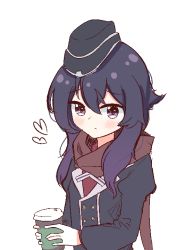 Rule 34 | 1girl, blue archive, blush, buttons, chibikki, coffee cup, cup, disposable cup, garrison cap, hair between eyes, haruka (blue archive), hat, heart, holding, holding cup, looking at viewer, military, military hat, military uniform, puffy sleeves, purple eyes, purple hair, scarf, solo, uniform
