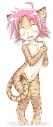 Rule 34 | 1girl, blush, constricted pupils, fang, female focus, furrification, furry, furry female, kogami akira, lucky star, mcsadat, navel, nude, open mouth, pink hair, short hair, simple background, solo, tail, whiskers, white background