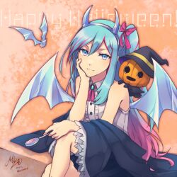 Rule 34 | 1girl, bare shoulders, blue eyes, blue hair, candy, crossed legs, demon horns, demon wings, duel monster, fake horns, flying, food, gradient hair, hairband, hallohallo, halloween costume, happy halloween, hat, holding, holding candy, holding food, horns, jack-o&#039;-lantern, jacket, jacket partially removed, lollipop, multicolored hair, mzroas, one side up, pink hair, rilliona (yu-gi-oh!), sitting, streaked hair, wide sleeves, wings, witch hat, witchcrafter madame verre, yu-gi-oh!