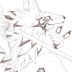 Rule 34 | 1boy, animal ears, cane, closed mouth, commentary, from side, furry, furry male, hatching (texture), highres, holding, holding cane, jackal boy, jackal ears, linear hatching, long hair, looking at viewer, male focus, markings, monochrome, pawpads, sangatsu no inu, seth (housamo), simple background, smile, solo, tokyo houkago summoners, upper body, v, white background