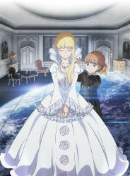 Rule 34 | 10s, 2girls, aldnoah.zero, asseylum vers allusia, asymmetrical hair, black dress, blonde hair, blue eyes, braid, cabinet, chair, closed eyes, crown braid, dress, earth (planet), eddelrittuo, facing viewer, flower, frilled dress, frills, gown, high collar, indoors, jewelry, juliet sleeves, long hair, long sleeves, looking at another, multiple girls, necklace, official art, painting (object), planet, puffy sleeves, room, short hair, short hair with long locks, sidelocks, smile, star (sky), table, v arms, vase, white dress