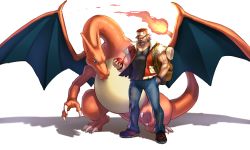Rule 34 | 1990s (style), 1boy, aged up, baseball cap, beard, black footwear, black shirt, blue eyes, blue pants, bracelet, brown eyes, charizard, claws, collarbone, creatures (company), denim, facial hair, fangs, fantasy, fiery tail, flame-tipped tail, full body, game freak, gen 1 pokemon, hand in pocket, hat, highres, holding, holding poke ball, jacket, jeans, jewelry, looking at viewer, md5 mismatch, muscular, nintendo, old, old man, open clothes, open jacket, pants, poke ball, pokemon, pokemon (creature), pokemon gsc, pokemon rgby, red (pokemon), red hat, red jacket, retro artstyle, shirt, shoes, short sleeves, silver hair, simple background, standing, t-shirt, tail, teeth, white background, yapo (croquis side)