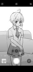 Rule 34 | 1girl, blush, cardcaptor sakura, clenched hand, commentary request, couch, cowboy shot, dress shirt, greyscale, highres, holding own wrist, kinomoto sakura, letterboxed, looking away, looking to the side, monochrome, necktie, fake phone screenshot, pleated skirt, school uniform, shirt, short sleeves, skirt, solo, taking picture, tomoeda middle school uniform, ukokkei, viewfinder, white shirt