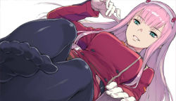 Rule 34 | 10s, 1girl, :d, aqua eyes, black pantyhose, blunt bangs, blurry, breasts, darling in the franxx, depth of field, feet, from below, gloves, half-closed eyes, horns, long hair, long sleeves, looking at viewer, medium breasts, military, military uniform, morisawa haruyuki, no shoes, open mouth, pantyhose, seductive smile, smile, soles, solo, toes, underboob, uniform, very long hair, white gloves, zero two (darling in the franxx)