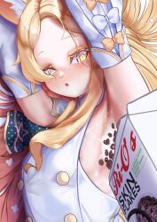 Rule 34 | 1girl, 1other, :o, absurdres, animal ears, areola slip, armpits, arms up, blonde hair, blue archive, blush, box, breasts, buttons, cereal, cereal box, detached sleeves, double-breasted, dress, forehead, fox ears, highres, holding, holding box, long hair, looking at viewer, milk, out of frame, pouring onto another, pov, pov hands, presenting armpit, rancidronin, seia (blue archive), sensei (blue archive), sideboob, sleeveless, sleeveless dress, small breasts, solo, very long hair, white dress, yellow eyes