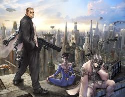 Rule 34 | 1girl, 2boys, aircraft, airplane, building, city, cityscape, cloak, coat, cyberpunk, cyborg, dead drive, dirigible, facepalm, formal, from behind, glasses, grin, gun, hand in pocket, highres, indian style, long sleeves, multiple boys, outdoors, pants, rimless eyewear, round eyewear, science fiction, shirou masamune, shirt, silver hair, sitting, skyscraper, smile, standing, suit, text focus, weapon, white shirt