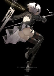 Rule 34 | 1girl, ass, black dress, black gloves, black thighhighs, blindfold, boots, drag-on dragoon, dress, fame peera, full body, gloves, hairband, high heel boots, high heels, highres, jumping, leotard, nier (series), nier:automata, panties, pantyshot, puffy sleeves, short hair, silver hair, solo, sword, thighhighs, two-sided fabric, two-sided skirt, underwear, weapon, white leotard, 2b (nier:automata)