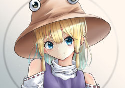 Rule 34 | 1girl, absurdres, blonde hair, blue eyes, blush, brown hat, commentary request, earrings, gradient background, grey background, hair ribbon, hat, highres, jewelry, looking at viewer, moriya suwako, red ribbon, revision, ribbon, shirt, sidelocks, smile, solo, touhou, tsubakipan, upper body, vest