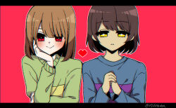 Rule 34 | + +, 0725akaba, 2others, blue shirt, blush, brown hair, chara (undertale), closed mouth, frisk (undertale), green shirt, hair between eyes, hand up, heart, highres, letterboxed, long sleeves, looking at viewer, multiple others, own hands together, parted lips, pixelated, red background, red eyes, shirt, simple background, sleeves past wrists, smile, twitter username, undertale, yellow eyes