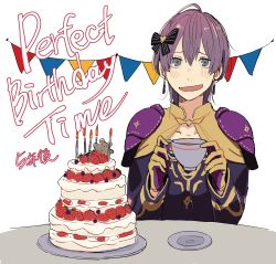 Rule 34 | 1girl, absurdres, bernadetta von varley, cake, candle, cup, earrings, english text, fire emblem, fire emblem: three houses, food, fruit, gloves, grey eyes, hair ornament, highres, hirunesukix, holding, holding cup, jewelry, long sleeves, nintendo, open mouth, plate, purple hair, simple background, solo, strawberry, table, teacup, upper body, white background, yellow gloves