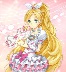Rule 34 | 10s, 1girl, blonde hair, bow, choker, cure rhythm, dress, frills, hair bow, long hair, magical girl, minamino kanade, musical note, pink background, precure, solo, staff (music), suite precure, taiyou, white choker