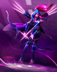 Rule 34 | 1girl, alternate costume, armor, arrow (projectile), ashe (league of legends), boissb, bow (weapon), breasts, cape, cleavage, cleavage cutout, clothing cutout, commentary, energy arrow, faulds, full body, high ponytail, hood, image sample, large breasts, league of legends, pink eyes, pink hair, quiver, sidelocks, solo, thighhighs, weapon, zettai ryouiki
