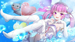 1girl 4-finger_heart_hands absurdres anchor_symbol balloon blue_hair blush bow colored_inner_hair commentary_request detached_collar diving_mask dress drill_hair elbow_gloves frilled_thighhighs frills full_body gloves goggles hair_bow heart heart_balloon heart_hands highres hololive long_hair looking_at_viewer minato_aqua minato_aqua_(aqua_iro_super_dream) multicolored_hair neko_(minato_aqua) no_shoes official_alternate_costume open_mouth pink_hair purple_eyes rinkaa_(lovelive765pro2) smile solo strapless strapless_dress thighhighs tiara twin_drills twintails two-tone_hair virtual_youtuber white_dress white_gloves