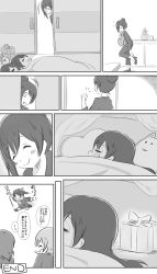 Rule 34 | 10s, 3girls, ^ ^, alarm clock, bed, bedroom, black hair, blush, bow, box, butch-tan, clock, closed eyes, coat, door, drawer, closed eyes, flower pot, gift, gift box, greyscale, hair bow, heart, heart-shaped pillow, high heels, highres, hoshizora rin, knocking, long sleeves, love live!, love live! school idol project, monochrome, motion lines, multiple girls, nishikino maki, pillow, plant, potted plant, ribbon, running, sack, scarf, shelf, short hair, skirt, sliding doors, smile, stuffed animal, stuffed toy, text focus, translation request, twintails, undressing, winter clothes, yazawa nico