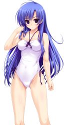 Rule 34 | 1girl, bare shoulders, blue hair, covered navel, tucking hair, highres, kujou hatsune, light smile, long hair, one-piece swimsuit, prism recollection!, purple eyes, shintarou, simple background, solo, standing, swimsuit, very long hair, white background, white one-piece swimsuit