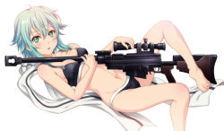 Rule 34 | 10s, 1girl, anti-materiel rifle, aqua eyes, aqua hair, bare legs, bare shoulders, barefoot, between breasts, black bra, black panties, blush, bolt action, bra, breasts, feet, gun, hair between eyes, hair ornament, hairclip, leg up, lying, navel, open mouth, panties, pgm hecate ii, rifle, scarf, shian (my lonly life.), short hair, simple background, sinon, sniper rifle, solo, sword art online, toes, underwear, underwear only, weapon, white background