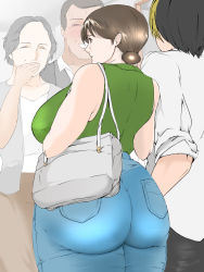 Rule 34 | 2girls, ass, backboob, bag, breasts, brown eyes, brown hair, carrying, carrying over shoulder, closed eyes, covering own mouth, covering privates, cowboy shot, denim, from behind, groin, hand up, handbag, highres, hikaru no go, incest, indoors, jeans, large breasts, laughing, legs, looking at another, matching hair/eyes, mature female, mother and son, multicolored hair, multiple girls, pants, parted lips, shindou hikaru, shindou mitsuko, sleeveless, sleeveless turtleneck, smile, standing, thighs, turtleneck, two-tone hair, wan (13070284)