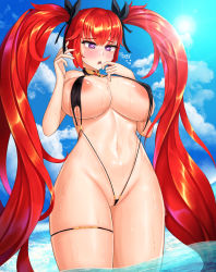 Rule 34 | 1girl, 82jhin, areola slip, areolae, breasts, choker, heart, heart-shaped pupils, highres, large breasts, last origin, may of doom, mole, mole on breast, navel, ocean, open mouth, red hair, slingshot swimsuit, solo, swimsuit, symbol-shaped pupils, thighs, wet