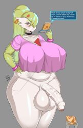 Rule 34 | 2023, ambiguous gender, bottomless, breasts, condom, creatures (company), curvy, disembodied hand, english text, flaccid, foreskin, furry, futanari, gaikiken, game freak, gardevoir, gen 3 pokemon, green hair, hair over one eye, highres, huge breasts, large breasts, large penis, long hair, nintendo, penis, pink eyes, pokemon, signature, solo focus, speech bubble, testicles, uncensored, wide hips