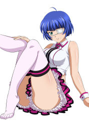 Rule 34 | 1girl, ahoge, alternate costume, blue hair, crop top, eyepatch, feet, female focus, ikkitousen, looking at viewer, midriff, necktie, no shoes, official art, ryomou shimei, short hair, simple background, sitting, sleeveless, solo, thighhighs, thighs, white background