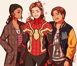 Rule 34 | 1girl, 2boys, ^ ^, absurdres, animification, bodysuit, brown jacket, closed eyes, collarbone, dark-skinned female, dark-skinned male, dark skin, hair behind ear, hand in another&#039;s hair, hand in pocket, highres, jacket, jewelry, letterman jacket, low ponytail, marvel, marvel cinematic universe, michelle &quot;mj&quot; jones, multiple boys, necklace, ned leeds, open mouth, peter parker, plaid, plaid jacket, red bodysuit, red shirt, shirt, smile, spider-man, spider-man: no way home, spider-man (series), spider web print, superhero costume, sushi pizza rrr, unmoving pattern, v-shaped eyebrows, white shirt