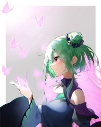 Rule 34 | 1girl, animal print, bad id, bad pixiv id, blue dress, blue hair, blush, breasts, bug, butterfly, butterfly print, closed mouth, commentary, detached sleeves, double bun, dress, earrings, glowing, glowing hair, gradient hair, green hair, grey background, hair between eyes, hair bun, hair ornament, highres, hololive, insect, jewelry, long hair, multicolored hair, pink hair, red eyes, simple background, skull earrings, skull hair ornament, small breasts, smile, solo, toto (kuro toto), upper body, uruha rushia, uruha rushia (1st costume), virtual youtuber, wide sleeves