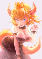 Rule 34 | 1girl, armlet, armpits, bare shoulders, black collar, black dress, blonde hair, blue eyes, bowsette, bracelet, breasts, claw pose, cleavage, collar, collarbone, crown, dress, earrings, hand up, horns, jewelry, large breasts, leaning forward, legs, long hair, looking at viewer, mario (series), mg42cat-k1ng, new super mario bros. u deluxe, nintendo, open mouth, palms, ponytail, sidelocks, signature, simple background, skindentation, solo, spiked armlet, spiked bracelet, spiked collar, spiked tail, spikes, standing, strapless, strapless dress, super crown, tail, teeth, upper teeth only