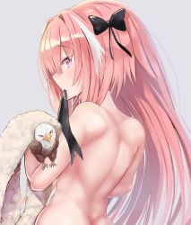Rule 34 | 1boy, alternate hairstyle, ass, astolfo (fate), bare back, bird, blush, bow, butt crack, eagle, fate/apocrypha, fate (series), hair bow, hair down, hair ribbon, highres, i.f.s.f, long hair, looking back, male focus, pink hair, profile, purple eyes, ribbon, solo, towel, trap