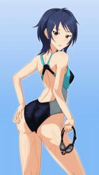 Rule 34 | 10s, 1girl, ass, black eyes, blue hair, competition swimsuit, from behind, hand on own ass, idolmaster, idolmaster cinderella girls, kawazuishi, one-piece swimsuit, short hair, swimsuit, wakui rumi
