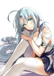 Rule 34 | 1girl, absurdly long hair, ahoge, aqua eyes, armlet, blue hair, blue skirt, blush, breasts, closed mouth, cross, cross necklace, highres, jewelry, kakao rantan, knee up, large breasts, long hair, looking at viewer, necklace, sentouin hakenshimasu!, sidelocks, sitting, skirt, sleeveless, smile, snow (sentouin hakenshimasu!), solo, thighhighs, very long hair, white background, white thighhighs