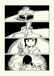 Rule 34 | 1girl, 4koma, black eyes, black hair, comic, desk, drawer, drawing, expressionless, greyscale, highres, holding, holding pen, hood, hoodie, ink, inkwell, monochrome, nib pen (object), no nose, original, paper, pas (paxiti), pen, ponytail, short hair, solo
